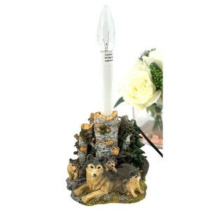 Cabin Theme Wolf Accent Table Lamp WolvesPups Birch Trees Woods Detailed Resin